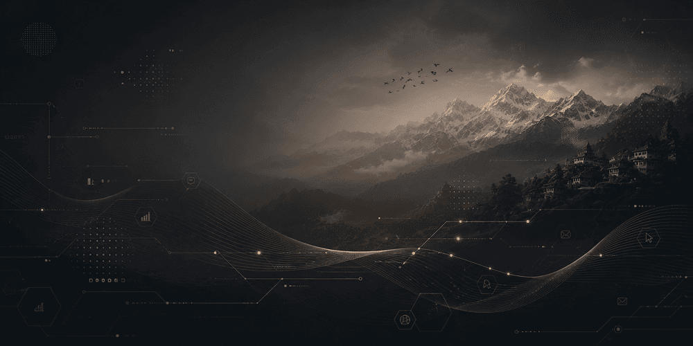 Himalayan mountains at night with digital tech overlays